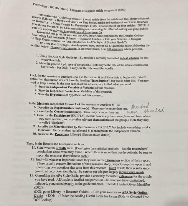 Psychology 1100 (Dr. Meen): Summary of research | Chegg.com