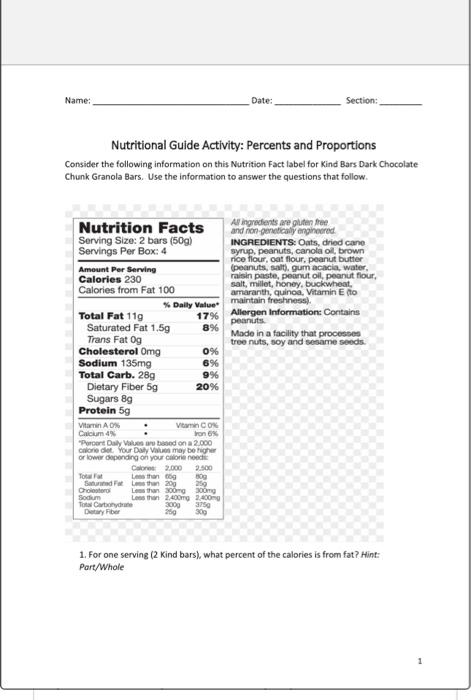 Nutritional Guide Activity: Percents And Proportions 