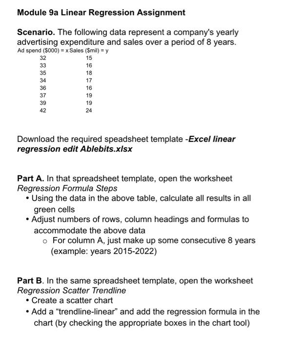 Solved Module 9a Linear Regression Assignment Scenario. The | Chegg.com