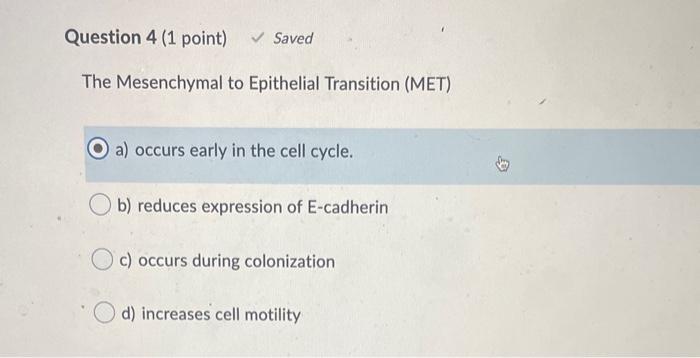 The Mesenchymal to Epithelial Transition (MET)
a) occurs early in the cell cycle.
b) reduces expression of \( \mathrm{E} \)-c