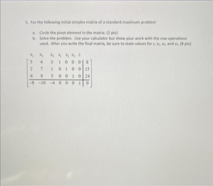 Solved 5. For the following initial simplex matrix of a | Chegg.com