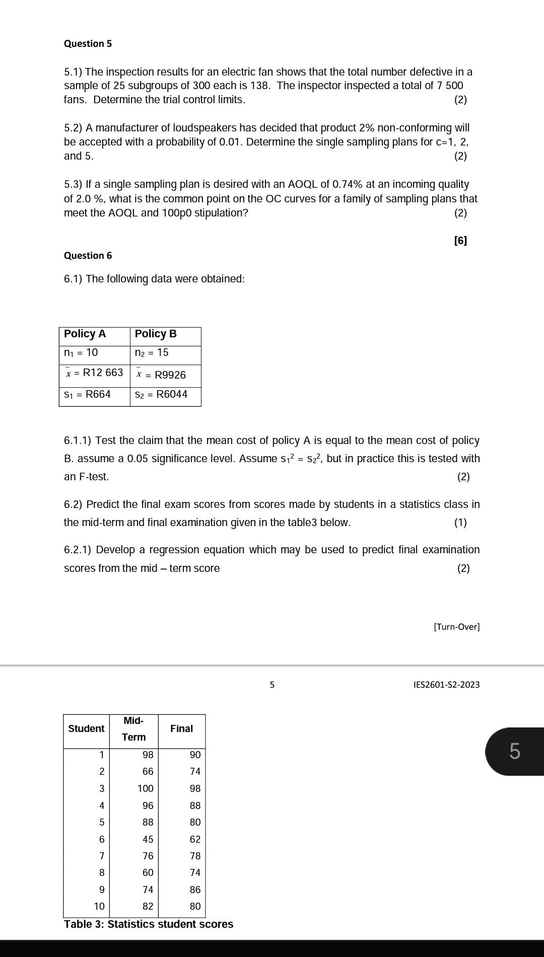 Solved Question 5 51 The Inspection Results For An 4745