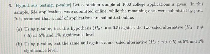 Solved 6. [Hypothesis testing, p-value] Let a random sample | Chegg.com