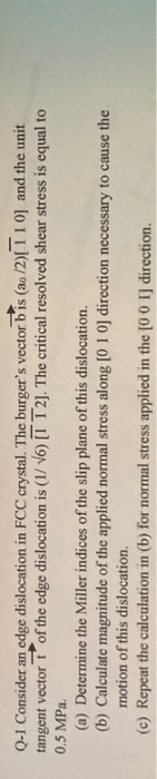 Solved Q-1 Consider an edge dislocation in FCC crystal. The | Chegg.com