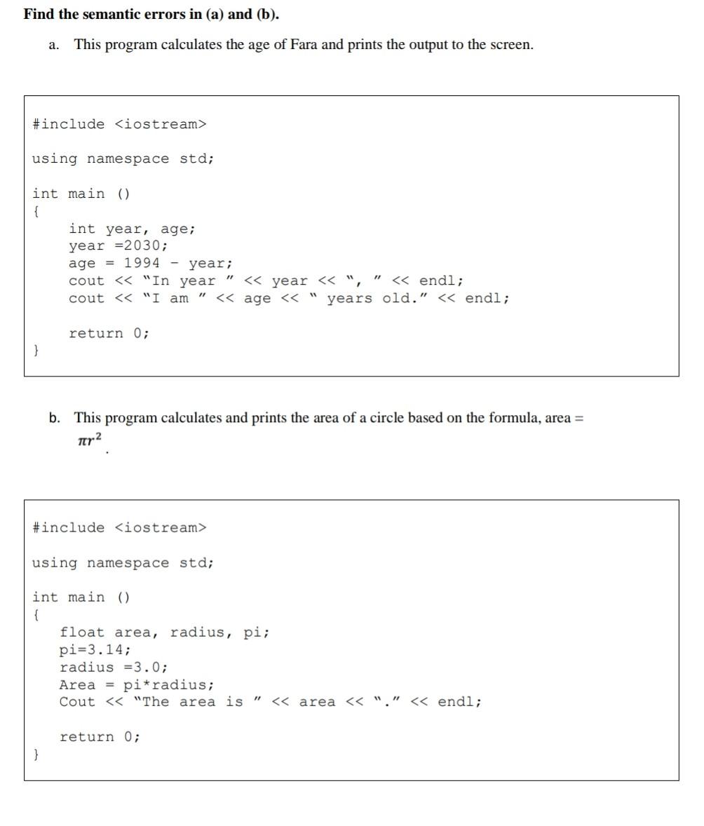Solved Find the semantic errors in (a) and (b). a. This | Chegg.com