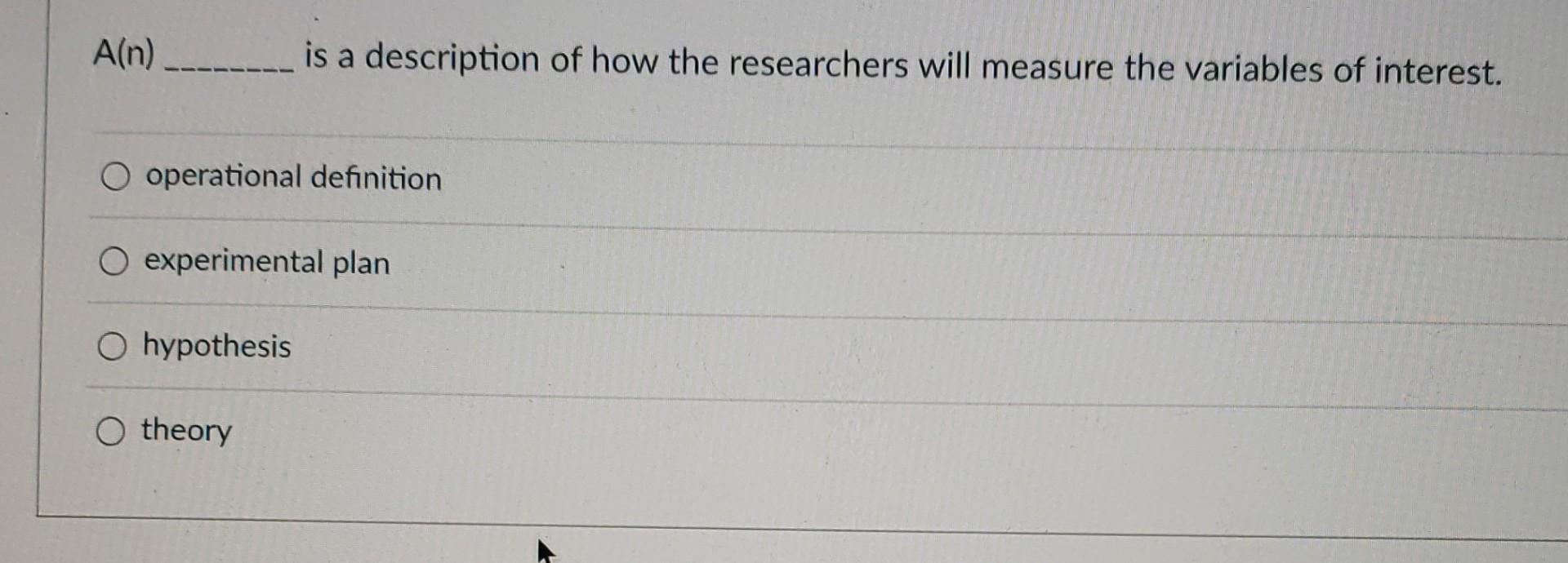 Solved A(n) _-_-__-_ is a description of how the researchers | Chegg.com