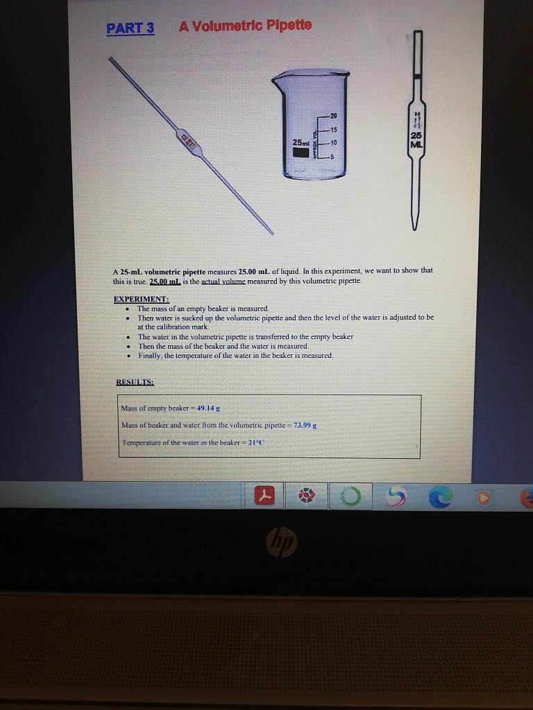 Solved PART 3 A Volumetric Pipette 15 25ml 10 . A 25ml