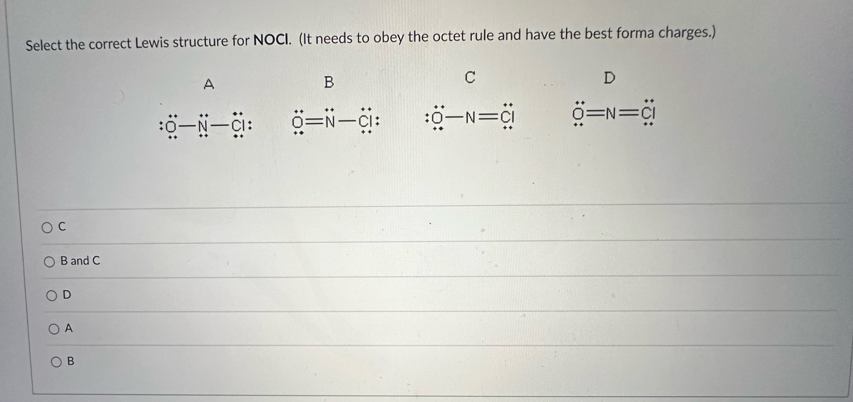 Solved Select The Correct Lewis Structure For Nocl It 5433