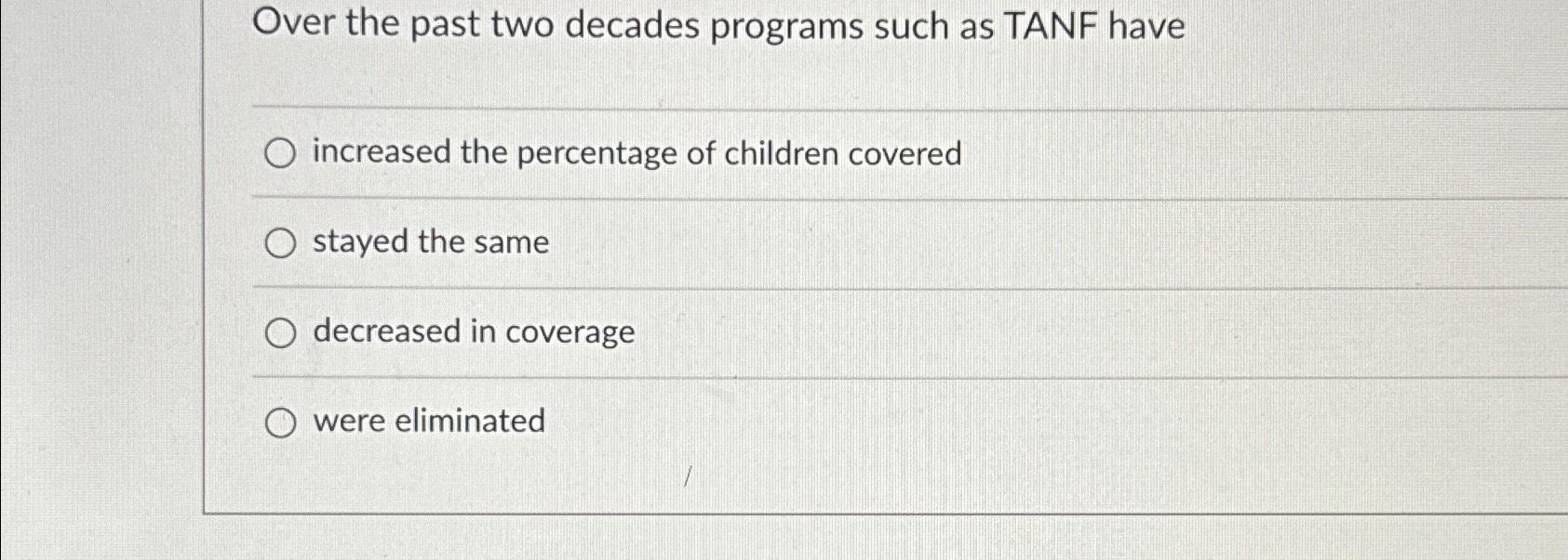 Solved Over the past two decades programs such as TANF | Chegg.com