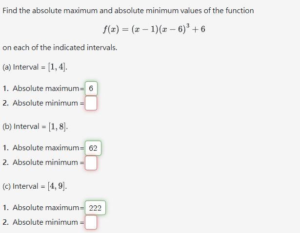 Solved Find the absolute ﻿maximum and absolute ﻿minimum | Chegg.com