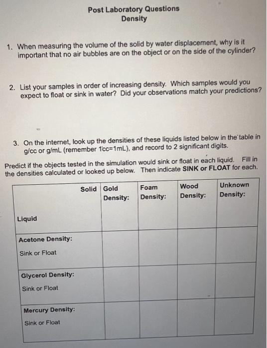 Solved Post Laboratory Questions Density 1. When measuring