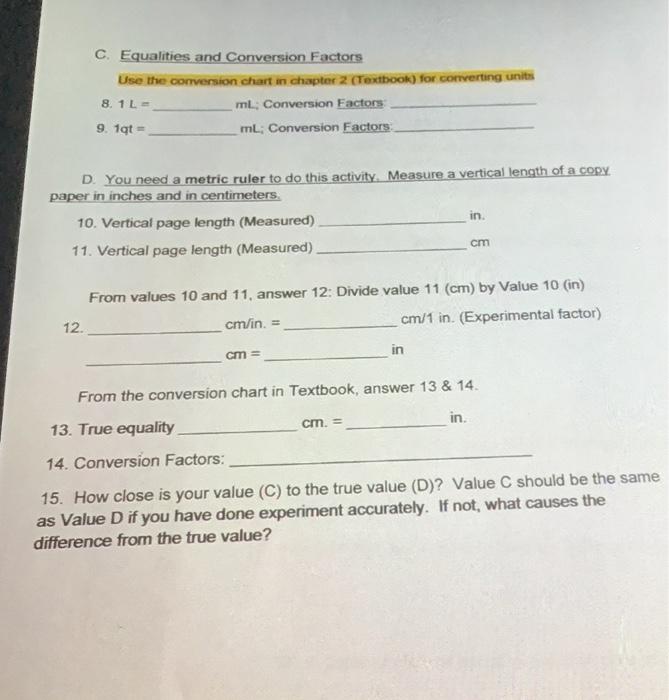 Solved C. Equalities and Conversion Factors Use the | Chegg.com
