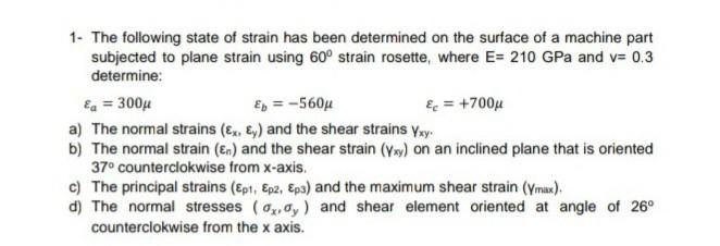Solved 1. The following state of strain has been determined | Chegg.com