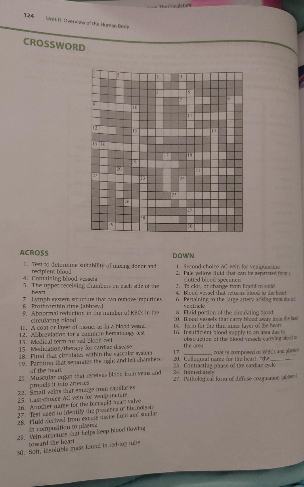 The Circulatory 124 Unit II Overview of the Human Body CROSSWORD 4 S 16 10 11 12 14 15 16 17 18 19 20 21 22 23 24 25 26 27 28