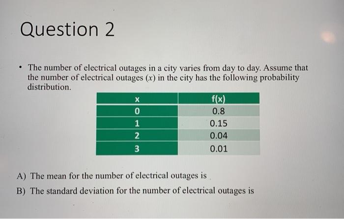 Solved Question 2 х • The number of electrical outages in a | Chegg.com