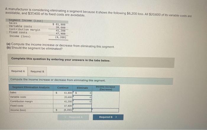 Solved A manufacturer is considering eliminating a segment | Chegg.com