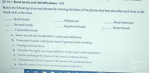 Solved QS 14-3 Bond terms and Identifications LO2 Match the | Chegg.com