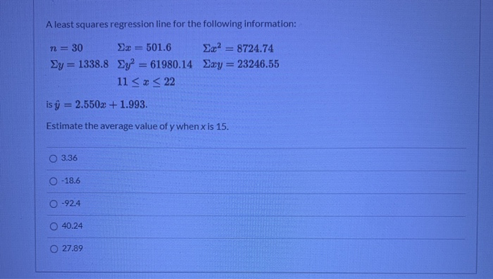 Solved A Least Squares Regression Line For The Following Chegg Com