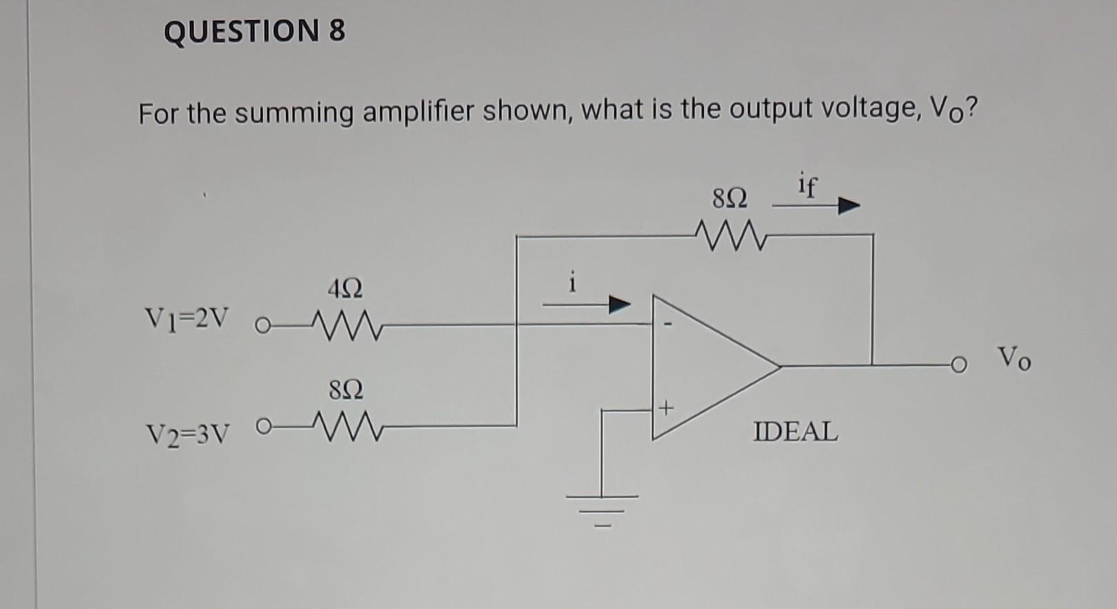 For the summing amplifier shown, what is the output voltage, \( V_{0} \) ?