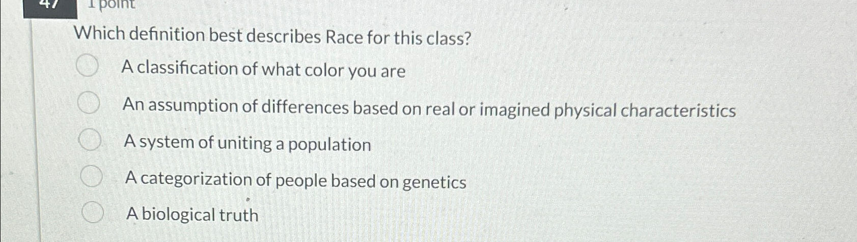 Solved Which definition best describes Race for this class?A | Chegg.com