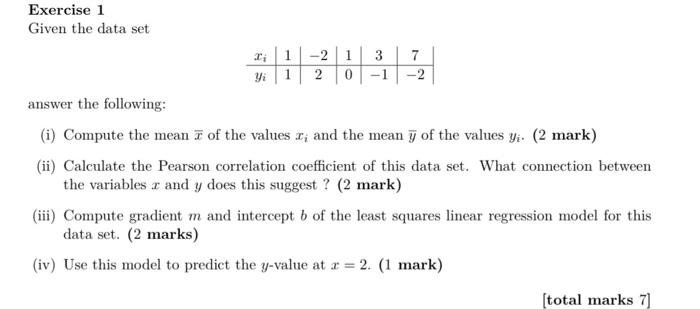 Solved Exercise 1 Given the data set answer the following: | Chegg.com