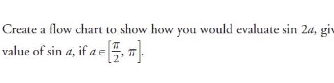 Create a flow chart to show how you would evaluate \( \sin 2 a \), gi value of \( \sin a \), if \( a \in\left[\frac{\pi}{2}, 