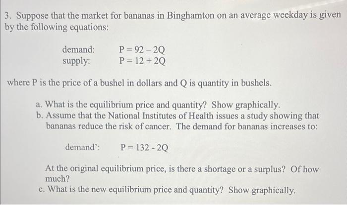 Solved 3. Suppose that the market for bananas in Binghamton | Chegg.com