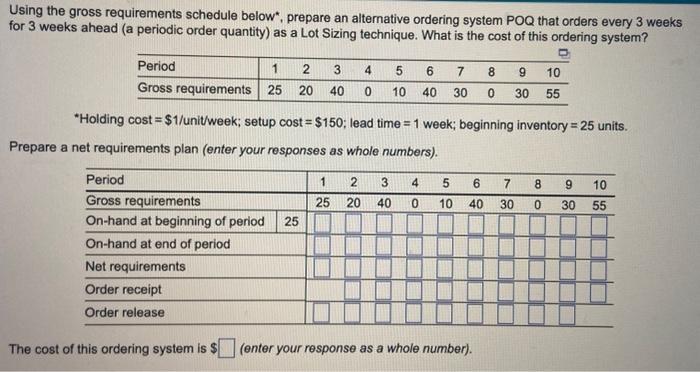 Using the gross requirements schedule below*, prepare an alternative ordering system POQ that orders every 3 weeks for 3 week