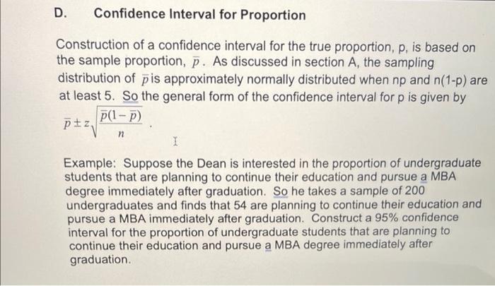 Solved D. Confidence Interval for Proportion n Construction | Chegg.com