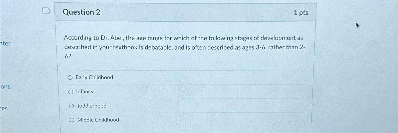 Solved Question 21ptsAccording to Dr. ﻿Abel, the age range