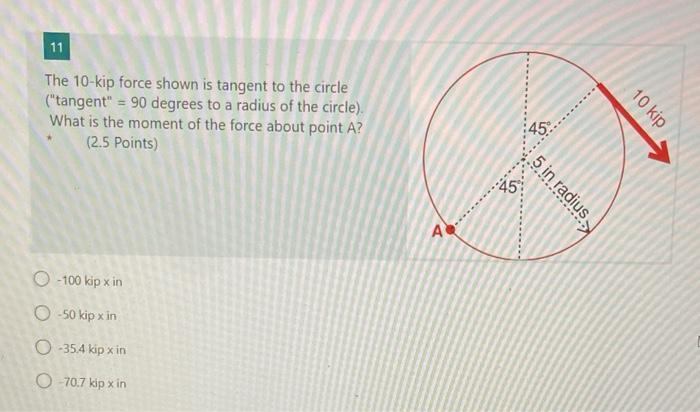 Solved The 10-kip force shown is tangent to the circle | Chegg.com