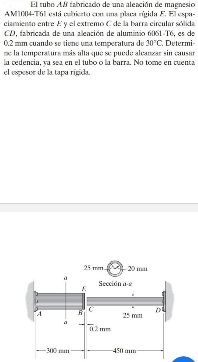 El tubo \( A B \) fabricado de una aleación de magnesio AM1004-T61 está cubierto con una placa rígida \( E \). El espaciamien