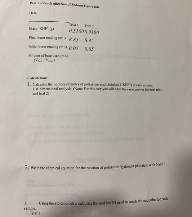 Solved Part I-Standardization of Sodium Hydroxide Data Trial | Chegg.com