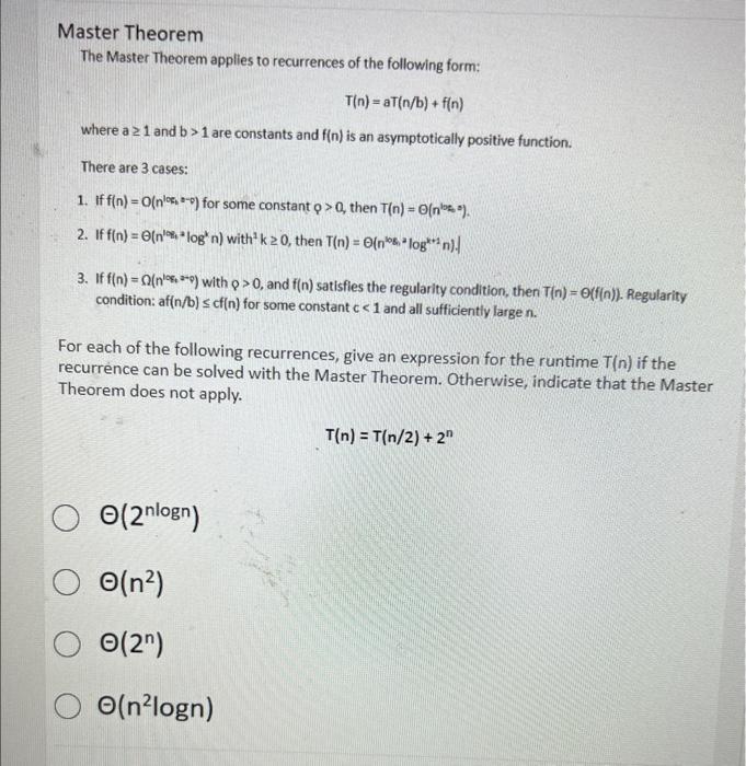 Solved Master Theorem The Master Theorem Applies To | Chegg.com