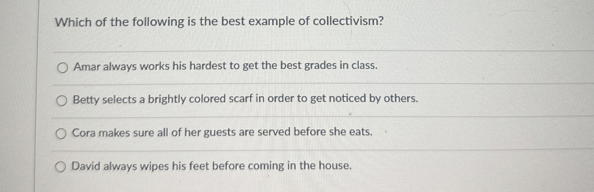 Solved Which of the following is the best example of | Chegg.com