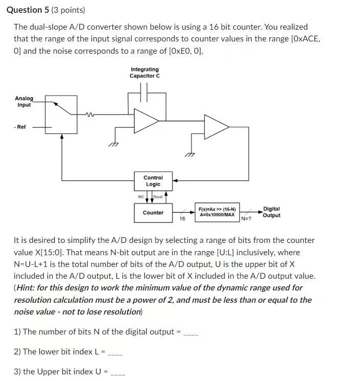 Question 5 ( 3 points)
The dual-slope A/D converter shown below is using a 16 bit counter. You realized that the range of the