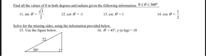 Solved Find all the values of θ in both degrees and radians | Chegg.com