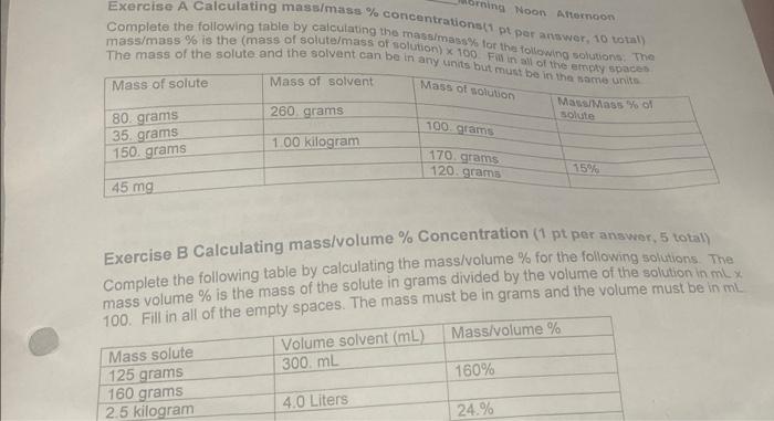 Solved ing Noon Afternoon Exercise A Calculating mass/mass % | Chegg.com