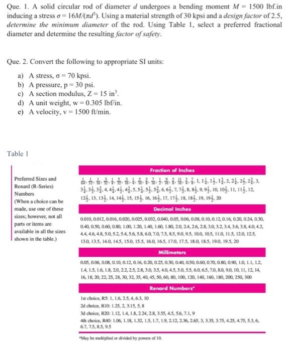 Solved Que. 1. A solid circular rod of diameter d undergoes