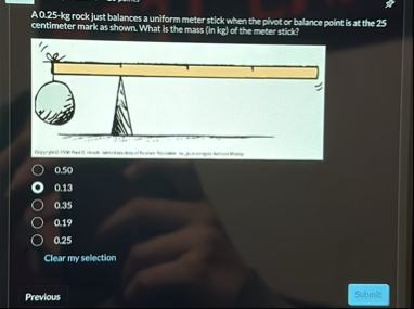 Solved A 0.25-kg ﻿rock just balances a uniform meter stick | Chegg.com