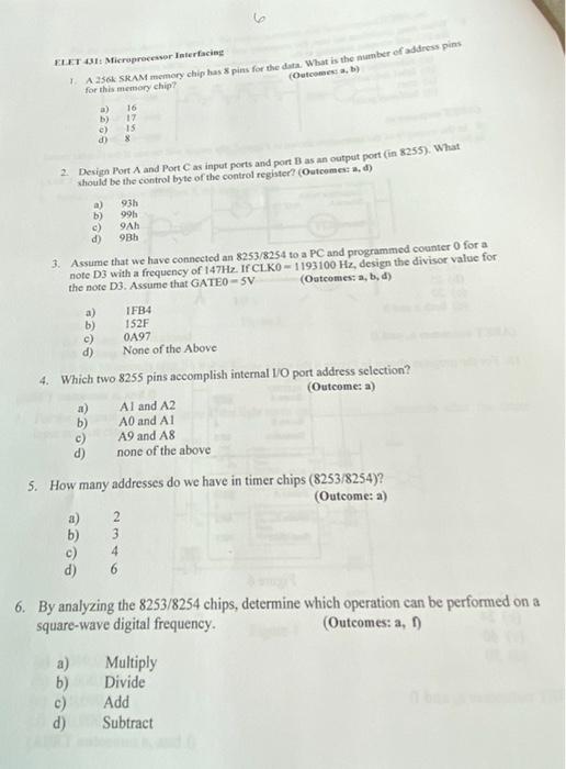 Solved 6 (Outcomes.) ELET BT: Microprocesor Interfacing 1 | Chegg.com