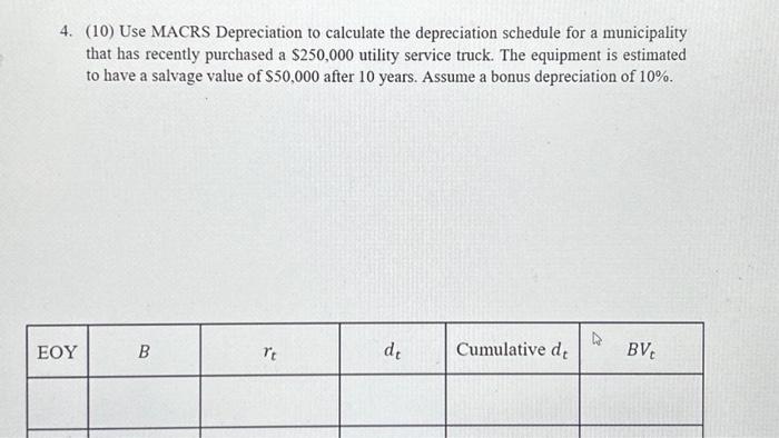 Solved 4. (10) Use MACRS Depreciation to calculate the | Chegg.com