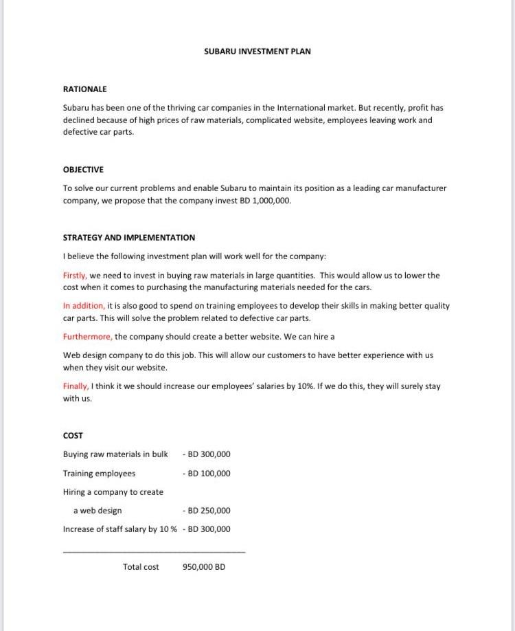 Solved SUBARU INVESTMENT PLAN RATIONALE Subaru has been one