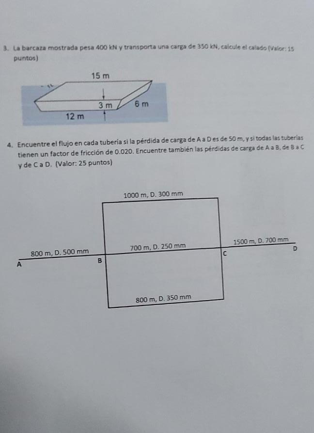 3. La barcaza mostrada pesa \( 400 \mathrm{kN} \) y transporta una cares de \( 350 \mathrm{kN} \), calcule el calado (Valor: