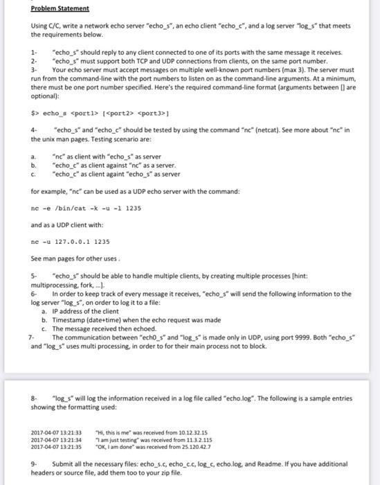 C. Problem Statement Using C/C, write a network echo | Chegg.com