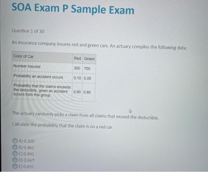 Solved soa exam p sample exam question 1 of 30 an insurance chegg