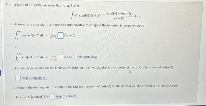 Solved From A Table Of Integrals, We Know That For A,b =0, | Chegg.com