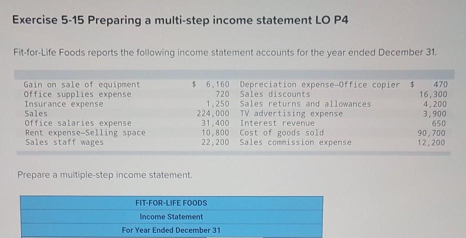 Solved Exercise 5-15 Preparing a multi-step income statement | Chegg.com