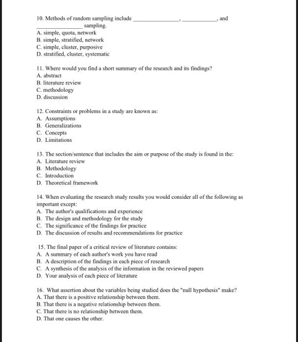 Solved 10. Methods of random sampling include , and | Chegg.com