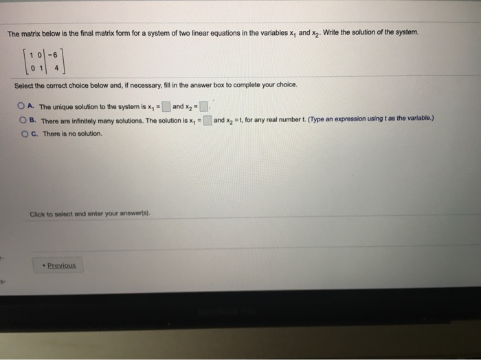 X Final Form Solved The matrix below is the final matrix form for a | Chegg.com